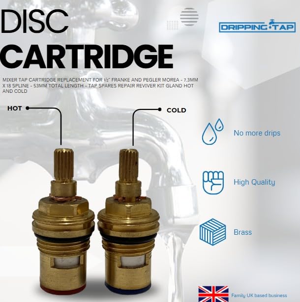 TC65 Mixer Tap Cartridge Replacement for ½” Franke and Pegler Morea, 7.3mm x 18 Spline, 53mm Total Length - Image 2