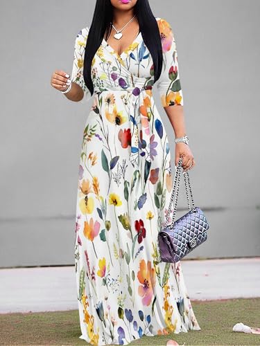 Image of Plus Size Maxi Dress for Women V Neck Flowy Dresses with Pockets for Wedding Guest Church