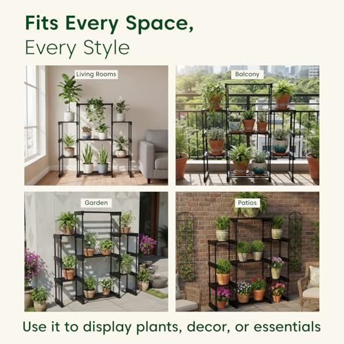 Image of KYARI 7 Tier Metal Plant Stand - Heavy Duty Black Powder Coated Vertical Plant Rack | Rust-Proof Multi Layer Flower Pot Stand for Balcony, Living Room & Outdoor Use (DIY Assembly Required)