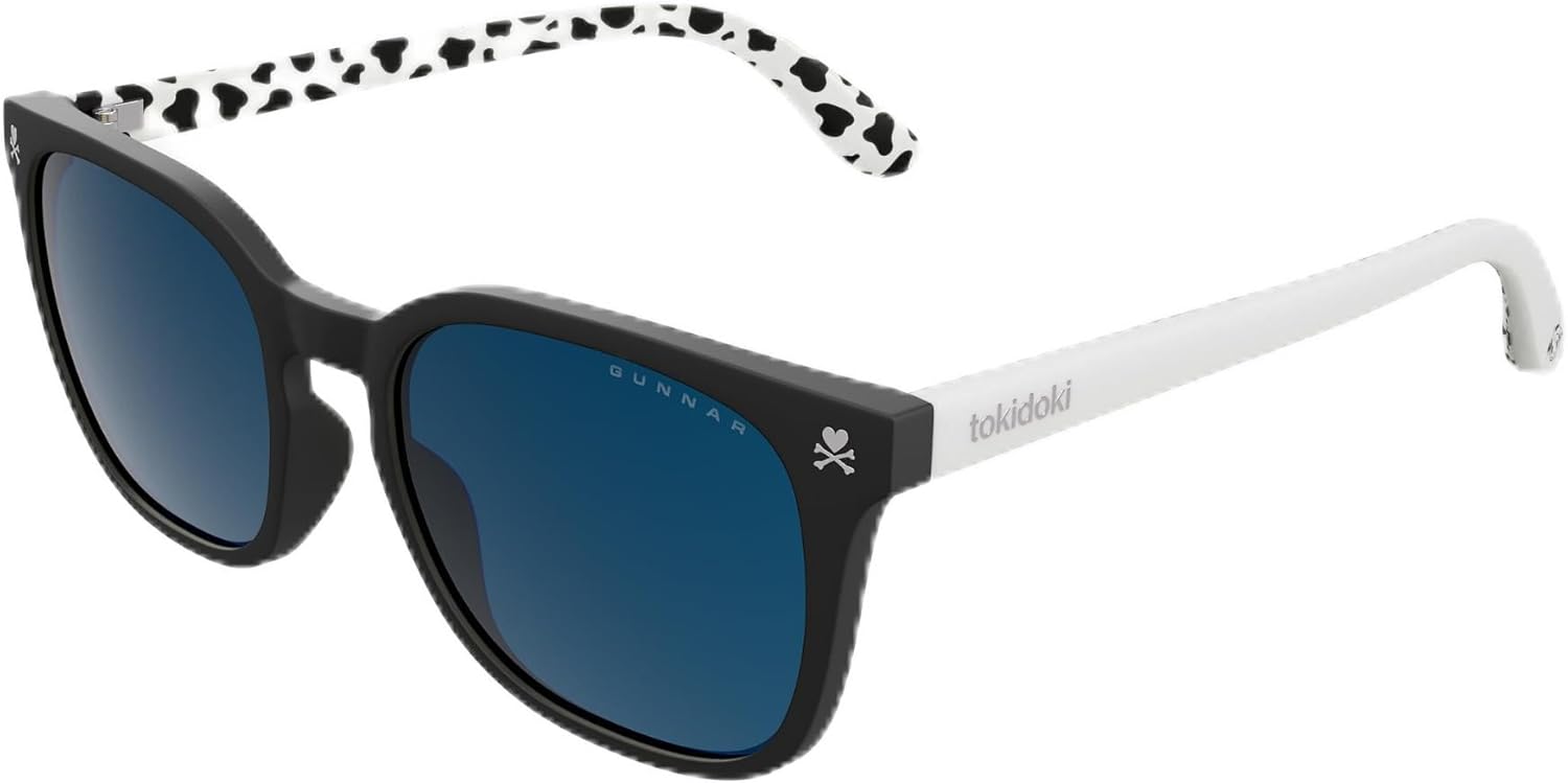 Gunnar tokidoki Mozzarella Round Blue‑Light Blocking Glasses | Precision Polymer Frame | Sun Lens | Blocks 35% Blue Light & 100% UV | Onyx/Latte Cow Print Frame | One Size