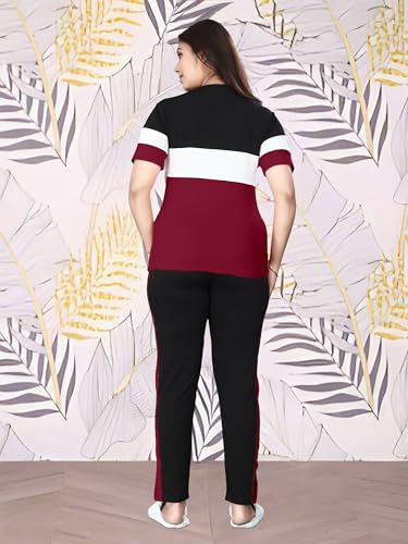 Image of Cotton Blend Tracksuits for Women Half Sleeves Round Neck Woman Workout T-shirt & Pant for Sports Comfortable and Breathable Gym Wear for Womens Tracksuit Set with Top & Bottom Pants
