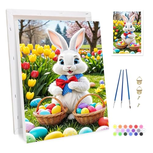 Bowetile Easter Rabbit Framed Paint by Numbers for Adults, Eggs and Flowers Painting by Numbers Kit for Adults Beginners Canvas Kit, DIY Color Oil Painting Acrylic Paints for Home Wall Decor 20x30cm