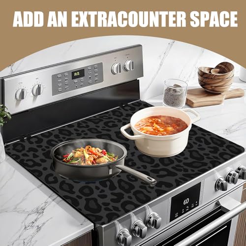 Image of Black Leopard Stove Top Covers for Electric Stove, Electric Gas Stove Pad Heat Resistant Range Cooktop Protector for Home Decor Kitchen 28 inchx20 inch