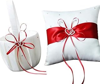 2 Heart Rhinestones Ivory /White/Blue Trimming/Red Trimming Satin Large Wedding Ring Bearer Pillow and Basket Set (White with Red Trimming)