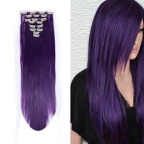 Long 17-26 Inches Straight Curly 8pcs Full Head 18clips Hairpiece Clip in Hair Extensions Cosplay Party Women Hair (Straight - 26"(66cm), Black Purple)