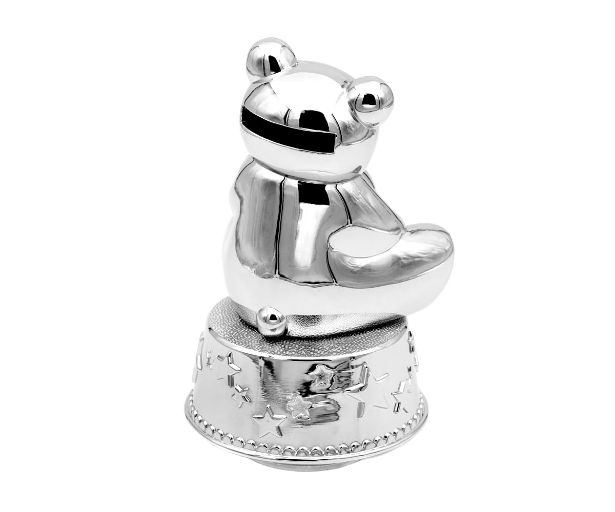 Design Kinder Spardose mit Spieluhr Bär Herz aus Metall versilbert Baby-Spieluhr Geschenk Taufe Einschlafhilfe Melodie La Vie en Rose (Gravur bis 25 Zeichen)
