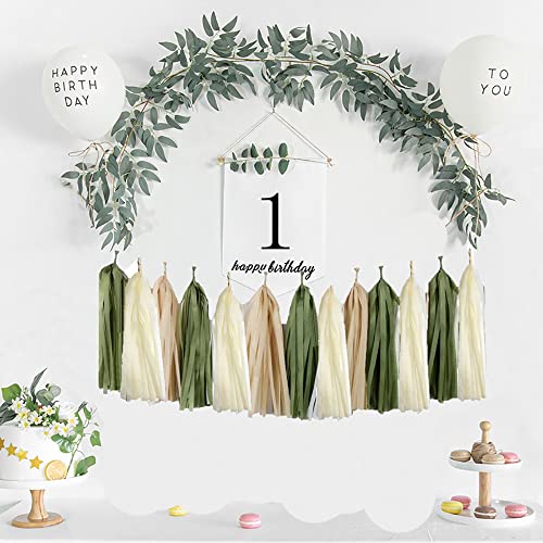 15 Pcs Diy Olive Green Tan Brown Nude Cream Tissue Paper Tassel Garland Party Banner For Eucalyptus Greenery Baby Shower Woodland Jungle Tropical Nature Theme Birthday Wedding Party Decoration #TOP5