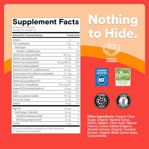 Image of SmartyPants Kids Multivitamin Gummies with Omega 3 DHA /EPA, Vitamins D3, C, B12, B6, A, K, and Zinc, Gluten Free, Clean Label, Three Fruit Flavors, 60 Gummies (30 Day Supply) (Pack of 12)