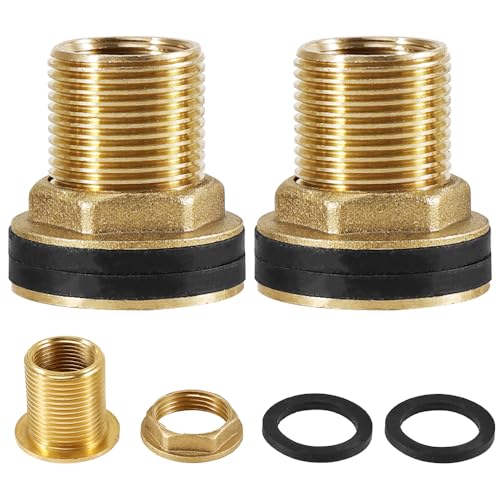 2 Stck Regentonnendurchfhrung, Messing Behlterverschraubung, AG 3/4" x IG 1/2", Tankdurchfhrung mit 4 Dichtungen, fr Wasserhahn, Behlter, Tanks und Fsser, 3/4" Auengewinde x 1/2" Innengewinde
