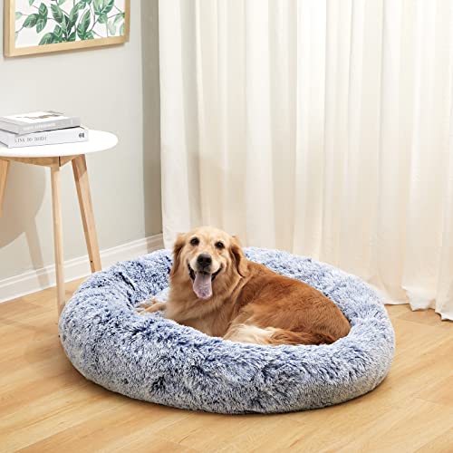 Image of Bedfolks Calming Donut Dog Bed - 36 Inch Round Plush Beds for Large Dogs, Anti-Anxiety Machine Washable (Navy Blue, Large)