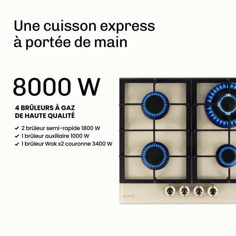 BELDEKO Plaque Gaz 4 Feux 8000W Beige Boutons Laiton - Marque Française