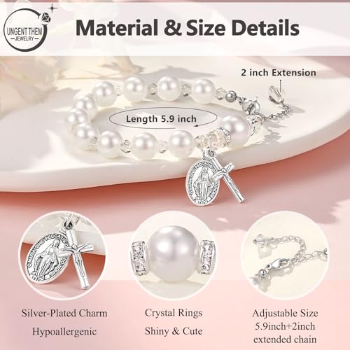 UNGENT THEM Rosary Cross Pearl Bracelet Baptism Communion Catholic Confirmation Easter Gifts for Girls Granddaughter Daughter Niece3