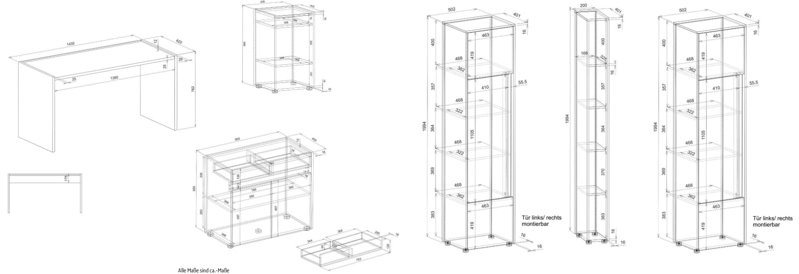 Büromöbel Set grau matt Wotan Eiche Holz modern Schreibtisch Kommode Aktenschrank Regal Homeoffice Büro Stauraum Center (Set 4)