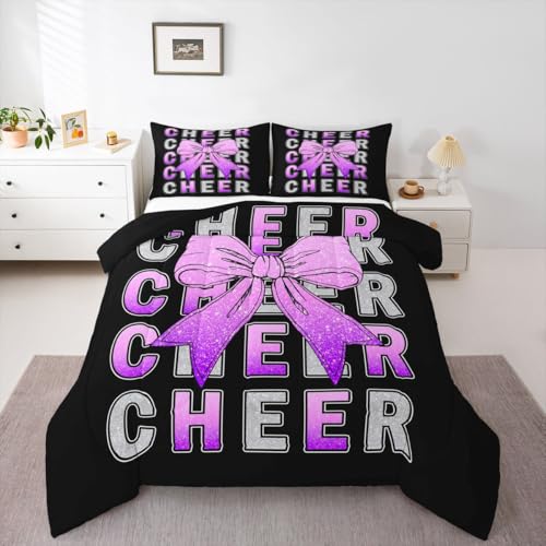 Image of Feelyou Bowknot Cheer Comforter Set Full Size Cheerleading Bedding Set for Kids Boys Girls Pink Purple Glitter Cheerleader Duvet Quilt Cheer Bow Bedroom Decor Microfiber 3 Pcs with 2 Pillow Cases