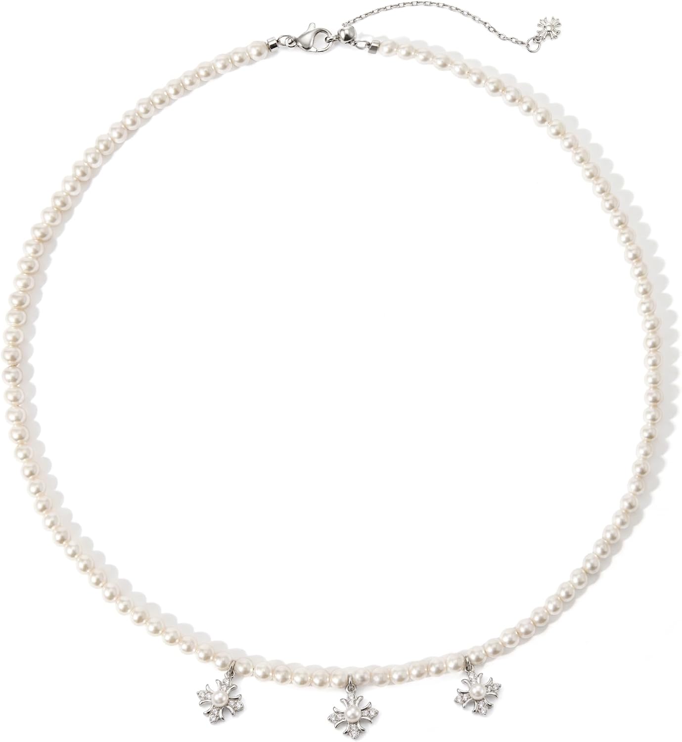IDOKAWA Pearl Cross Choker Necklace for Women, Silver CZ Cross Pendant with Faux Pearl Chain Adjustable, Dainty Layered Statement Jewelry for Daily Outfit Party Wear