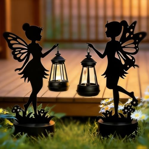 Indrnif 2 pezzi in metallo fata luce solare decorazione per esterni, statua di ferro, decorazione da giardino grande 30 cm con luci a energia solare, statua da giardino impermeabile, decorazioni per