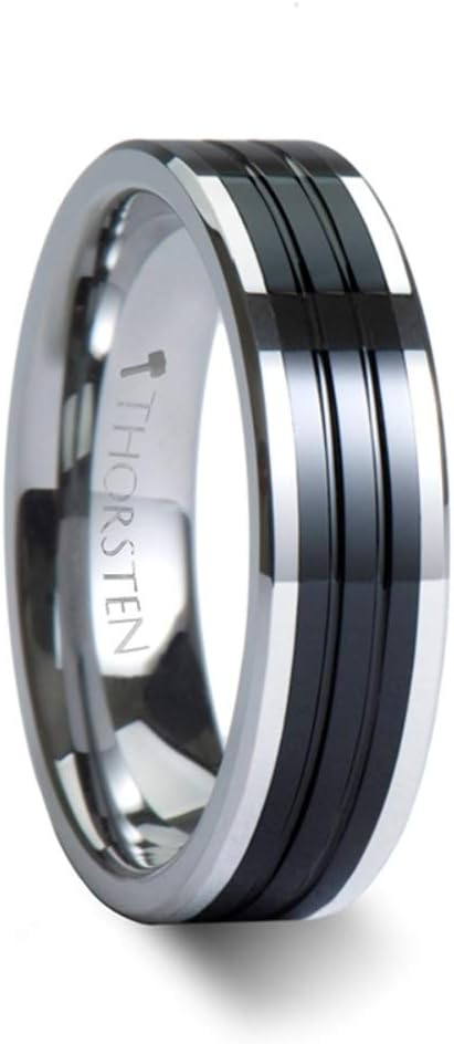 Thorsten Edinburgh Tungsten Wedding Band Ring - Black Ceramic Grooves