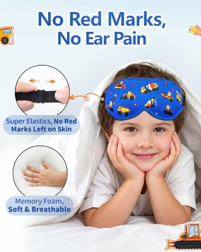 BeeVines Kids 3D Contoured Sleep Mask, 100% Blackout Sleeping Eye Masks for Boys, Pressure-Free Memory Foam Cushioned Eye Cover, Adjustable Strap, for Travel Gifts (Construction Vehicles) — view 6