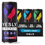 Yesly Energy Drink, Variety Pack, Naturally Flavored Sparkling Energy Drink With Electrolytes, Magnesium, Potassium, Vitamin C, B6 & B12, Natural Caffeine From Green Tea, 12 Fl Oz Cans, 12 Pack
