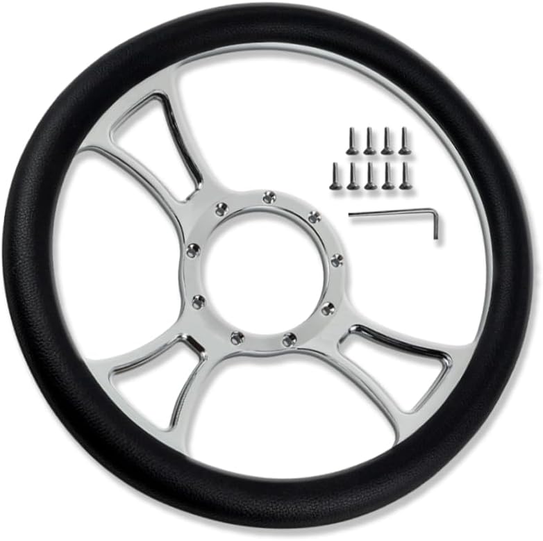 Chrome 14" Billet Aluminum 9 Holes Steering Wheel Trinity Style with Black Leather Half Wrap