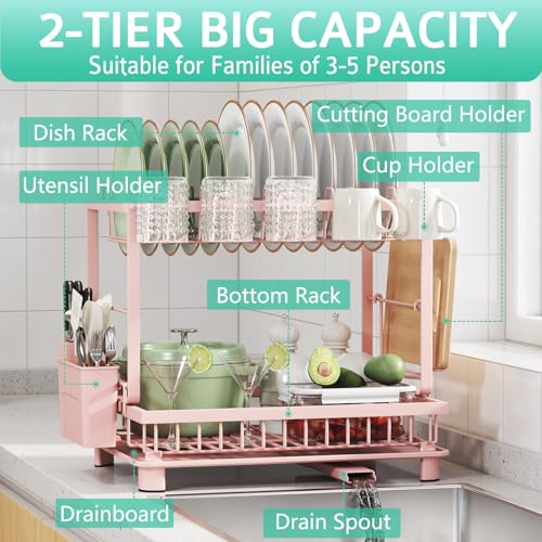 Image of Multifunctional Dish Drying Rack - Rustproof, 2-Tier Dish Racks with Drainboard, Space-Saving Design, Utensil & Cup Holder for Kitchen Counter, Pink