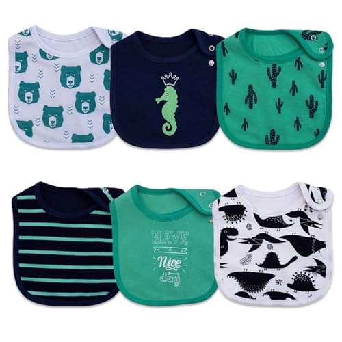 Maiwamita - Paquete de 6 baberos impermeables de algodón con estampados de animales y flores para niñas y niños, con botones ajustables para babear y comer, Talla única