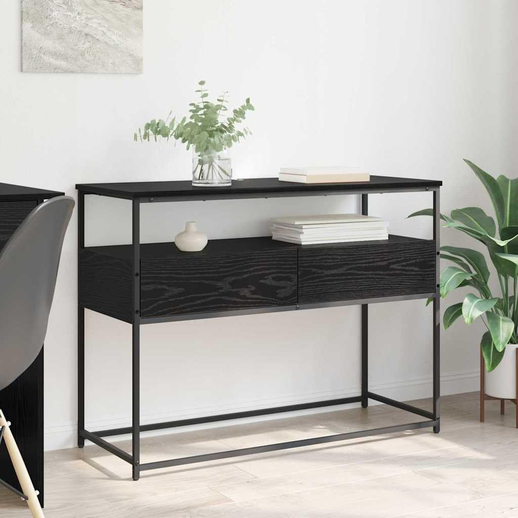 Table console noire aspect chêne 100cm avec 2 tiroirs et étagères pour entrée
