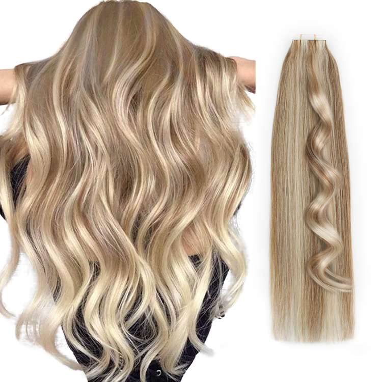 Tape in Hair Extensions Human Hair Invisible Reusable Seamless Skin Weft Remy Tape Hair Extensions 20Pcs 50g #P8/60 Highlights Honey Brown to Light Blonde 22inch