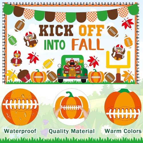 Image of Fall Football Bulletin Board Kick Off into Fall Bulletin Border Autumn Turkey Maple Leaves Pumpkin Cutouts Thanksgiving Theme Sport Bulletin Decorations Set for School Classroom Home Window Wall Decor