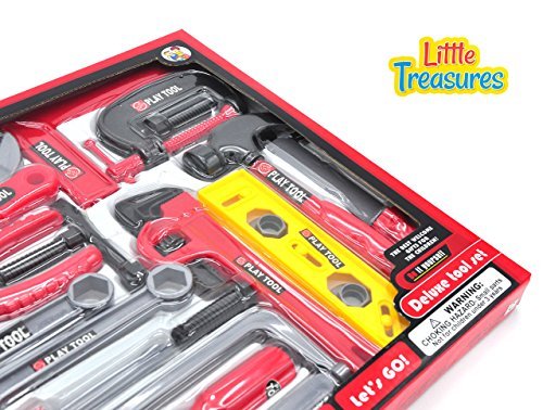 Little Treasures Nuts & Bolts Kids Tool Set from Complete with Band-Saw, Level, clamp, Stencil, Lug Wrench, Pliers, Wrench, vice, Screwdrivers, File, and Screws –Play Set for Children 3+