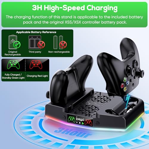 Image of FYOUNG Vertical Charger Stand & Cooling Station for Xbox Series S, Upgrade Controller Charging Dock with 15 RGB Light, Cooler Fan System, 2X 1400mAh Rechargeable Battery, Headset Holder (Black)