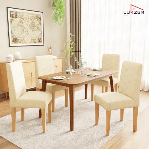 Image of Lukzer Elastic Dining Chair Cover - 4PC Pastel Yellow Leaf Trail | Textured High Stretch Jacquard Seat Cover | Removable Washable Short Dining Chair Cover Protector Seat Slipcover | (CC-126-04)