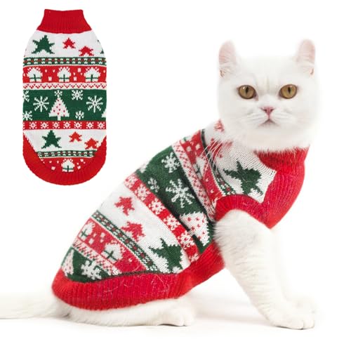 PUPTECK Christmas Cat Sweater, Soft Warm Turtleneck Pet Winter Clothes, Kitten Sweater Apparel, Knitwear Coat for Cats Puppy Outfit Cold Weather Clothes, Red&Green S