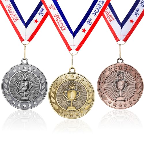 Gisafai 3 Pack Metal Award Medals 2.5 Inches Gold Silver Bronze Award Medals with Neck Ribbon 1st 2nd 3rd Prize Trophy for Competitions School Spelling Bee Game Sports Meeting Sports Events(Trophy)