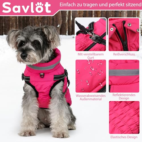 Savlot Hundemantel mit Geschirr wasserdichte Hundejacke, Gepolsterte Hundeweste Reflektierende Hundekleidung mit Reißverschluss