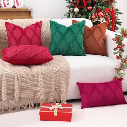 decorUhome Throw Pillow Covers 24x24 Inch Set of 2, Soft Plush Faux Fur Wool Burgundy Couch Pillow Covers, Decorative Neutral Pillow Cases for Bed Sofa Living Room Home Decor