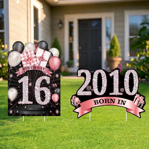 DECEED 2 PCS Happy 16th Birthday Yard Signs Birthday Outdoor Decorations for Men and Women born in 2010 Lawn Sign Black Gold Sixteen Year Old Birthday Yard Decor with Stakes(BlackPink)