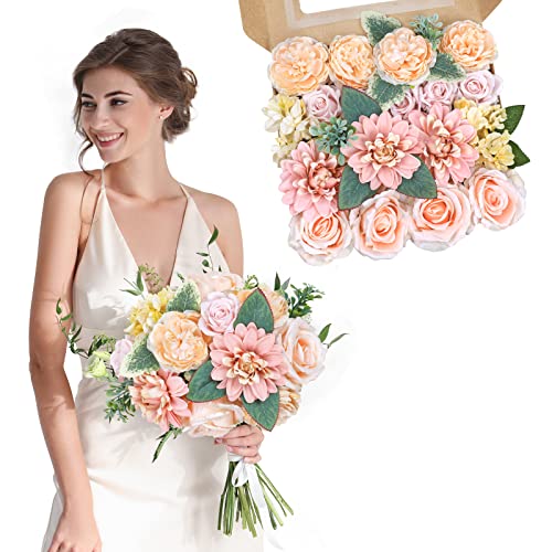 Amyhomie Peach Orange Artificial Flowers Combo Silk Mix Peony Rose Hydrangea Fake Flowers W/Stem For Diy Wedding Bouquets Centerpieces Arrangements Table Decor Party Bridal Baby Shower Home Decor #TOP6
