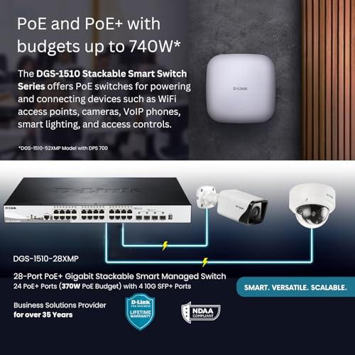 Image of D-Link 28-Port Gigabit Stackable Smart Managed PoE+ Switch with 10G Uplinks-24 PoE+ (370W) + 4 10GbE SFP+ Ports-L2+ /L3 Lite-VLANs Web Managed Surveillance Mode-Follows TAA /NDAA(DGS-1510-28XMP)