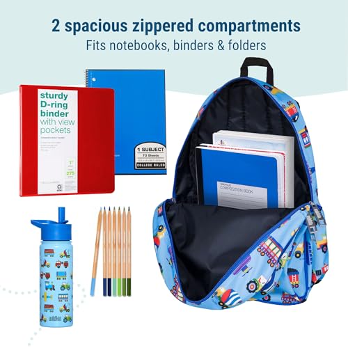 Image of Wildkin 15 Inch Backpack for Kids, Trains, Planes, and Trucks | Ages 5-10, padded straps, side water bottle pocket - coordinates with matching Wildkin lunch boxes and water bottles