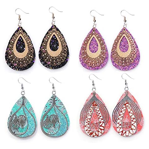 4 Pairs Leather Teardrop Earring Lightweight Leaf Drop Bohemian Hollow Earrings For Women Girl Cover