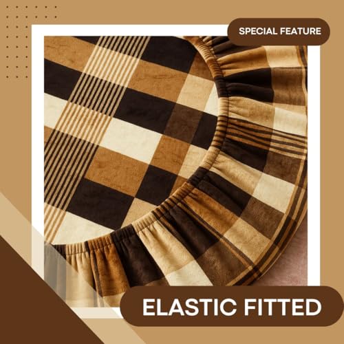 Image of VAS COLLECTIONS Luxury Warm Winter Elastic Fitted Bedsheet with 2 Pillow Covers - Ultra Soft Flannel Velvet Touch, Cozy & Wrinklefree lintfree Size - 78x72+10 Inches (Brown & Beige)
