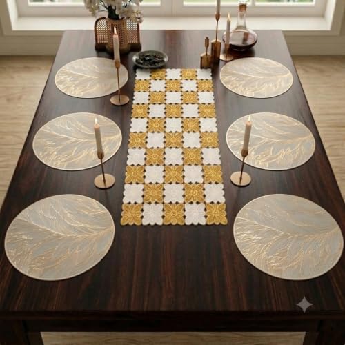 Image of Dakshya Industries Dining Table Mats Round PVC Set | 6 Waterproof Placemats (38 x 38 cm) + 1 Table Runner (91 x 33 cm) | Heat Resistant, Kitchen Decor (Elvoria)