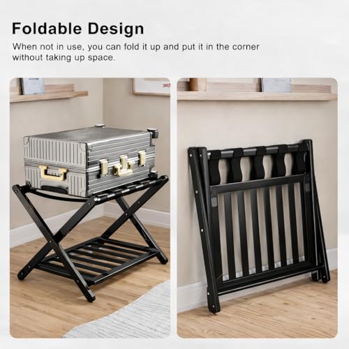 Image of Folding Luggage Rack for Guest Room Foldable luggage Racks for Suitcase Stand with Nylon Straps, Luggage Stand Double Tiers Metal Luggage Holder with Shelf for Bedroom, Hotel, No Assembly Required (Metal black powder coating)