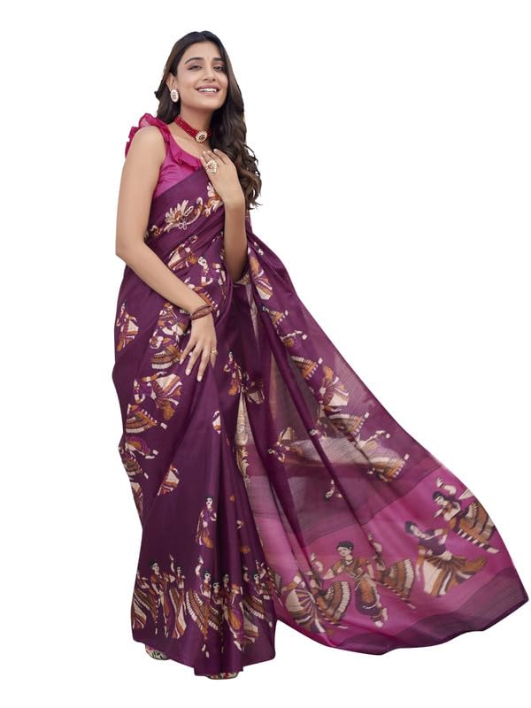 Kjs Women's Khaadhi Cotton Blended Kalamkari Printed Saree | Beautiful Blend of Tradition and Style | Printed Saree with Running Blouse | Kathak Wine