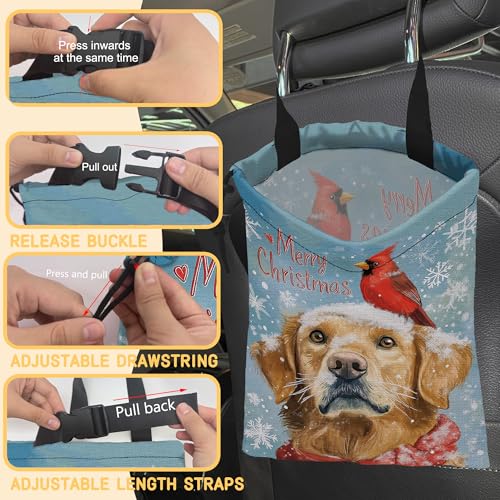 Image of Cardinal Car Garbage Bag,Golden Retriever Dog Small Car Trash Bag Hanging Back of Seat,Drawstring Car Trash Bag with Adjustable Buckle,Car Accessories for Camping Travelling