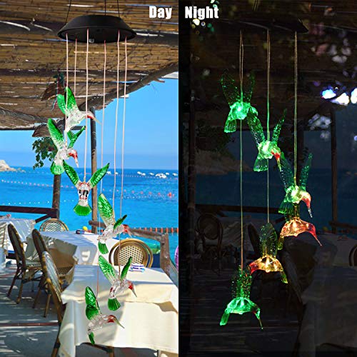 WERTIOO Solar Hummingbird Wind Chime Color Changing Solar LED String Lights Outdoor Mobile Hanging Patio Light