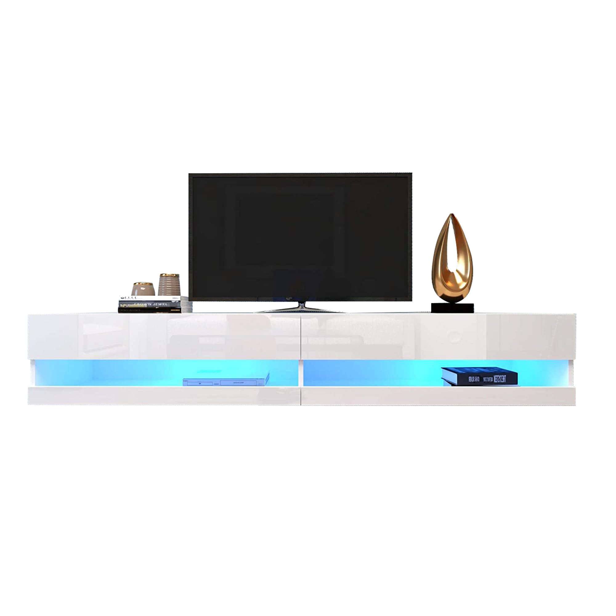 OKMYHOME Meuble TV Suspendu avec LED, 140 cm, Blanc, pour TV 50–60 Pouces | Meuble télé de salon, charge maximale 30 kg, effet marbre, MDF, rangement fermé, niches ouvertes, P 40 × H 30,5 cm