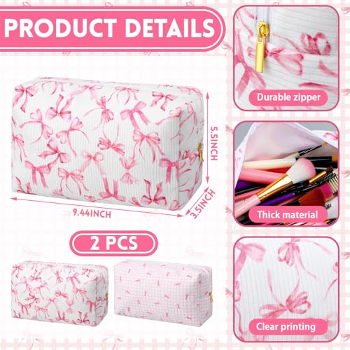 Image of Sherr 2 Pack Coquette Pink Bow Pencil Pouch for Girl Women Cute Bow Corduroy Makeup Bag for Women Soft Quilted Pencil Case for Back to School Gifts Kawaii Pen Box Bag for School Office
