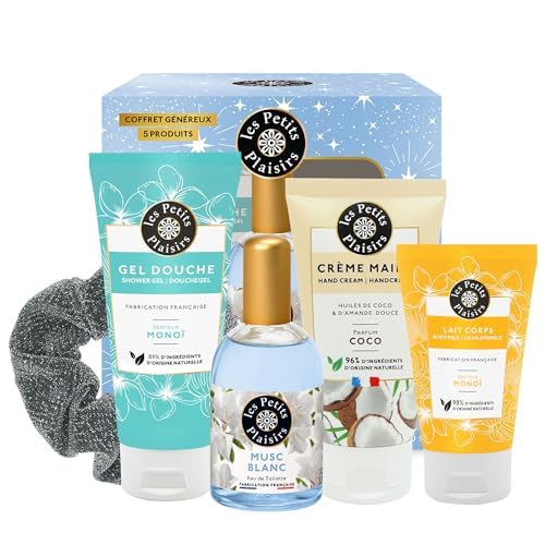 Les Petits Plaisirs - Coffret parfum Musc Blanc, Eau de toilette femme, Gel Douche, Crème Mains, Lait corps, Coffret cadeau femme, Made in France, 5 produits